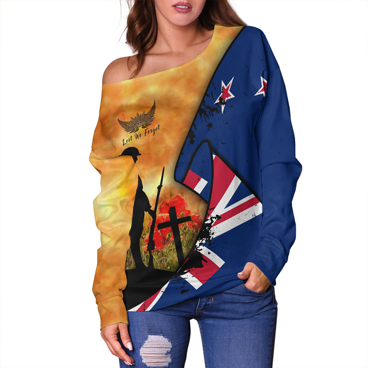 New Zealand Off Shoulder Sweatshirt Anzac Day Flag Lest We Forget