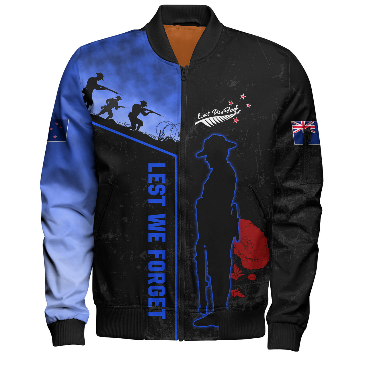 New Zealand Bomber Jacket Anzac Day Lest We Forget Poppy Flower Symbol