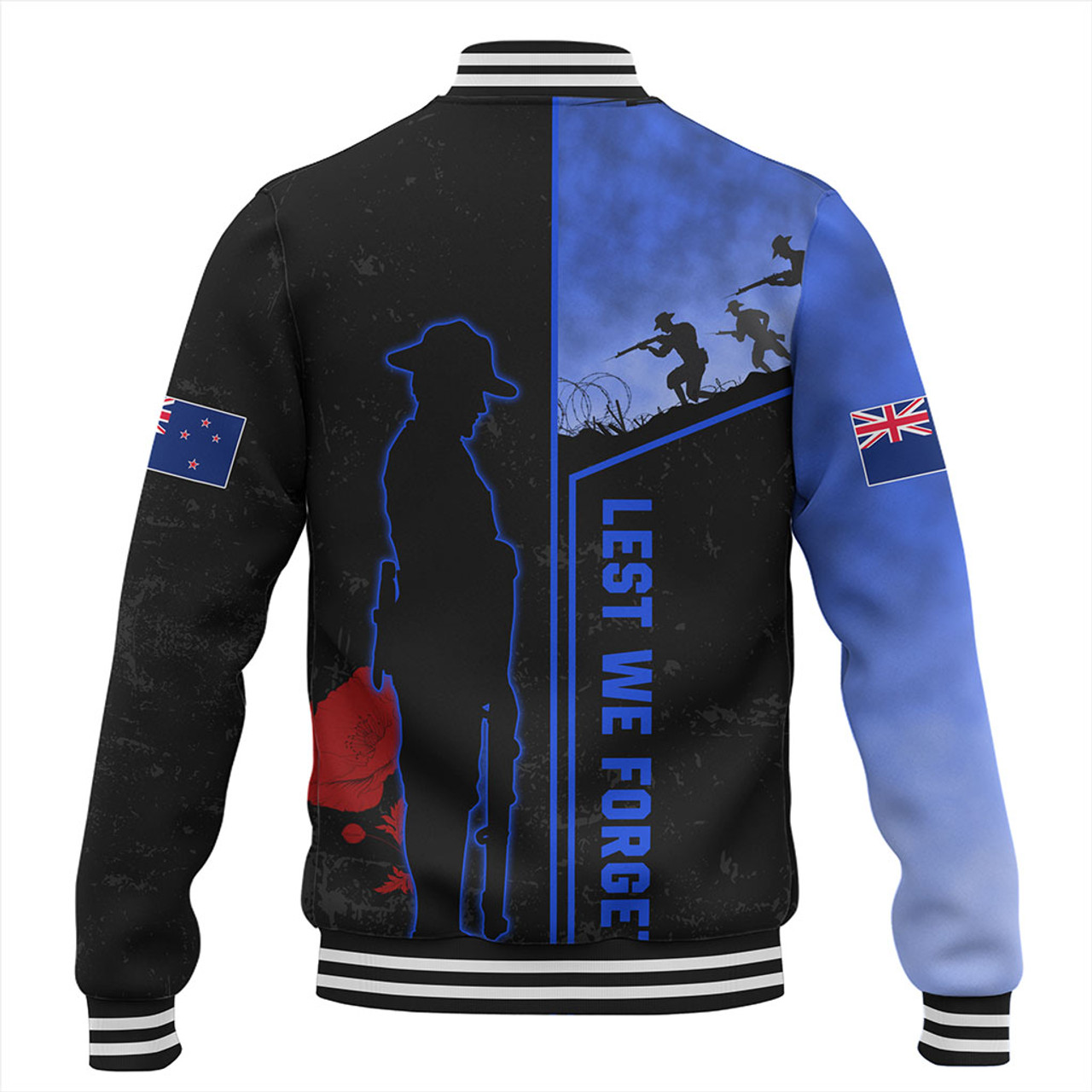 New Zealand Baseball Jacket Anzac Day Lest We Forget Poppy Flower Symbol