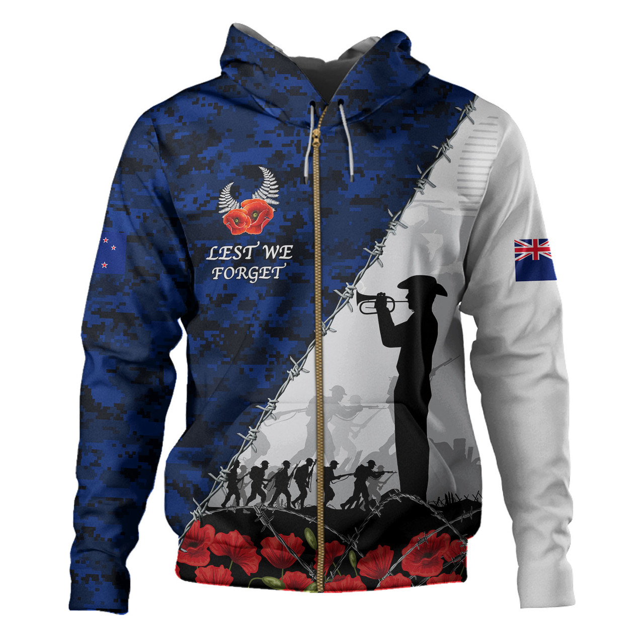 New Zealand Hoodie Anzac Day Poppy Flower And Barbed Wire