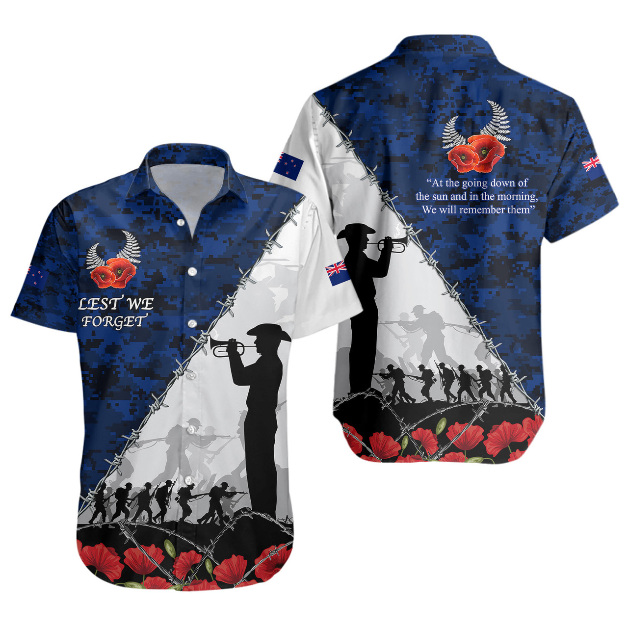 New Zealand Short Sleeve Shirt Anzac Day Poppy Flower And Barbed Wire