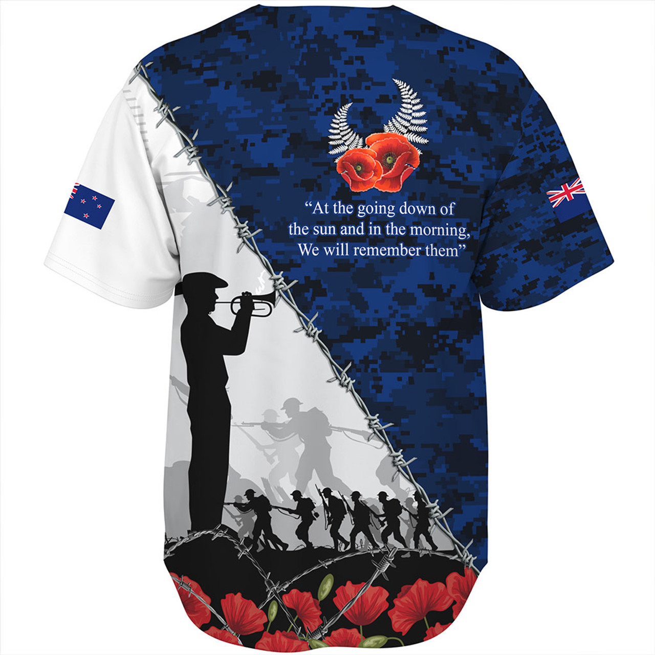 New Zealand Baseball Shirt Anzac Day Poppy Flower And Barbed Wire