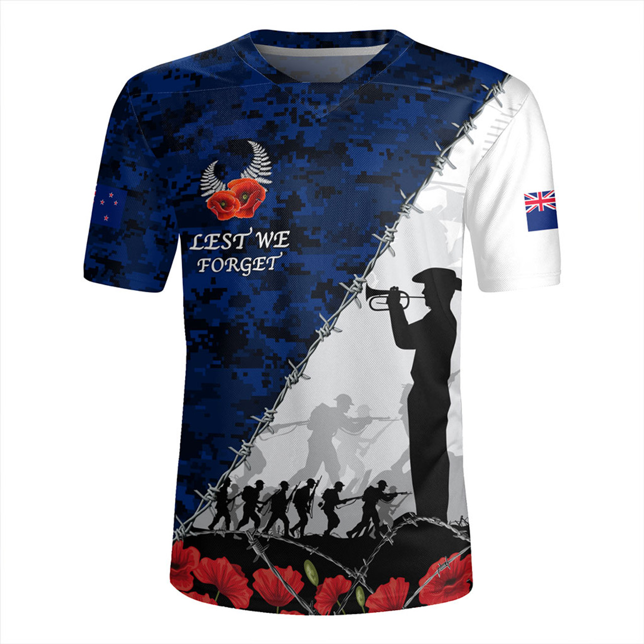 New Zealand Rugby Jersey Anzac Day Poppy Flower And Barbed Wire