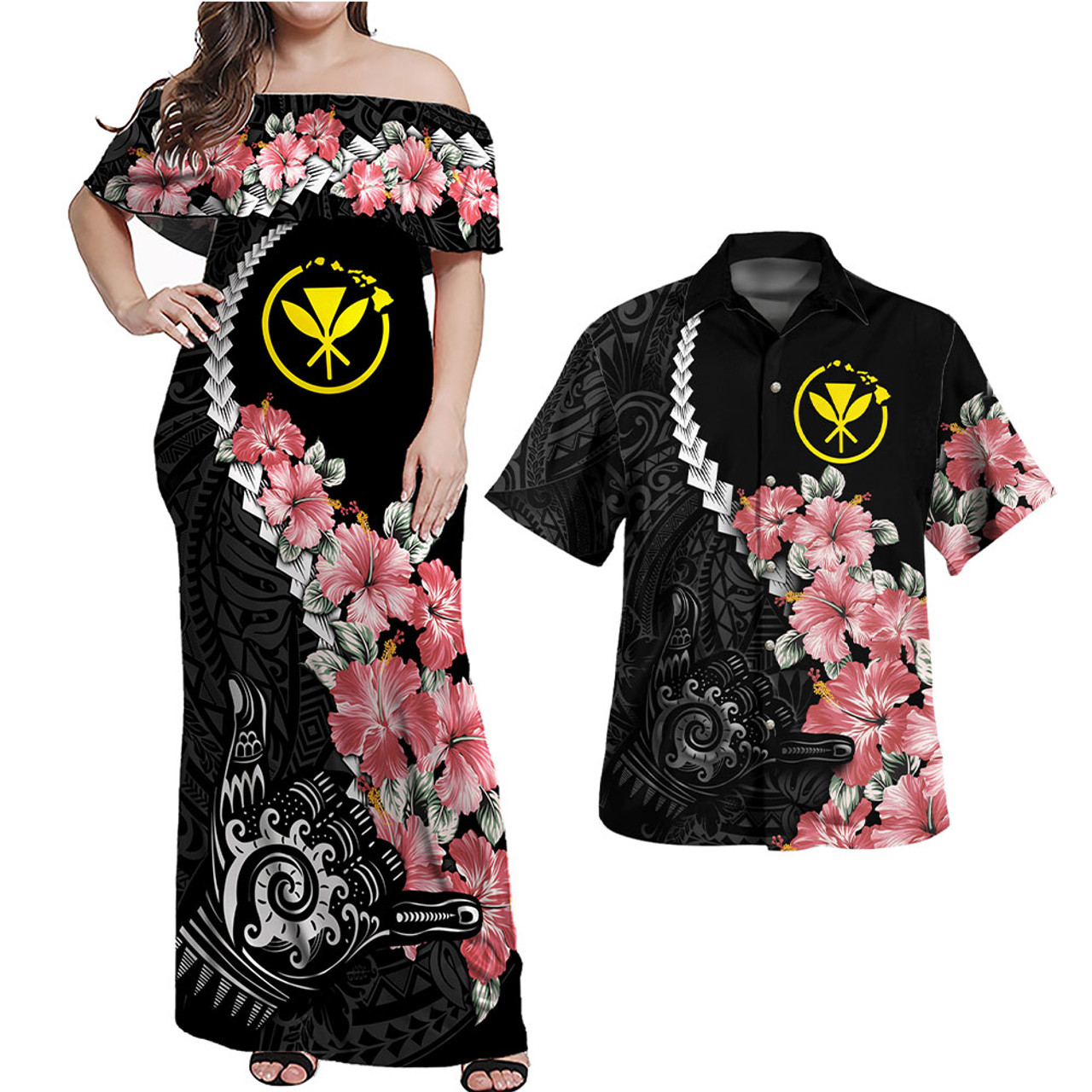 Hawaii Combo Off Shoulder Long Dress And Shirt Shaka Hand Tropical Flowers Polynesian Designs