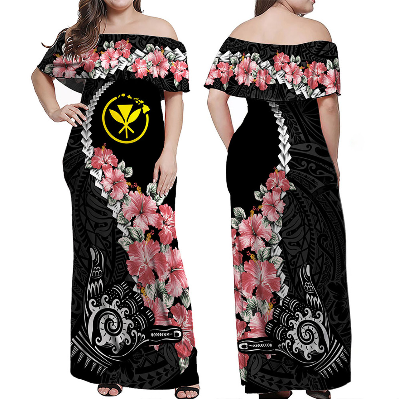 Hawaii Combo Off Shoulder Long Dress And Shirt Shaka Hand Tropical Flowers Polynesian Designs