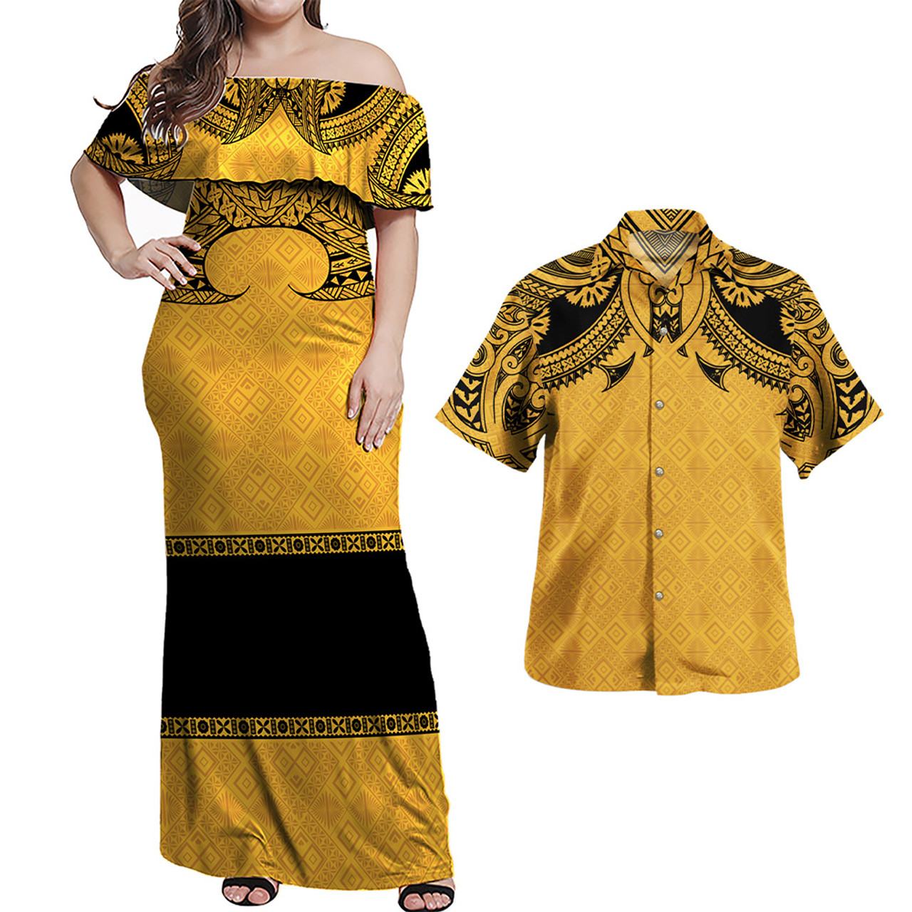 Fiji Combo Off Shoulder Long Dress And Shirt Fijian Masi Pacific Tribal Designs