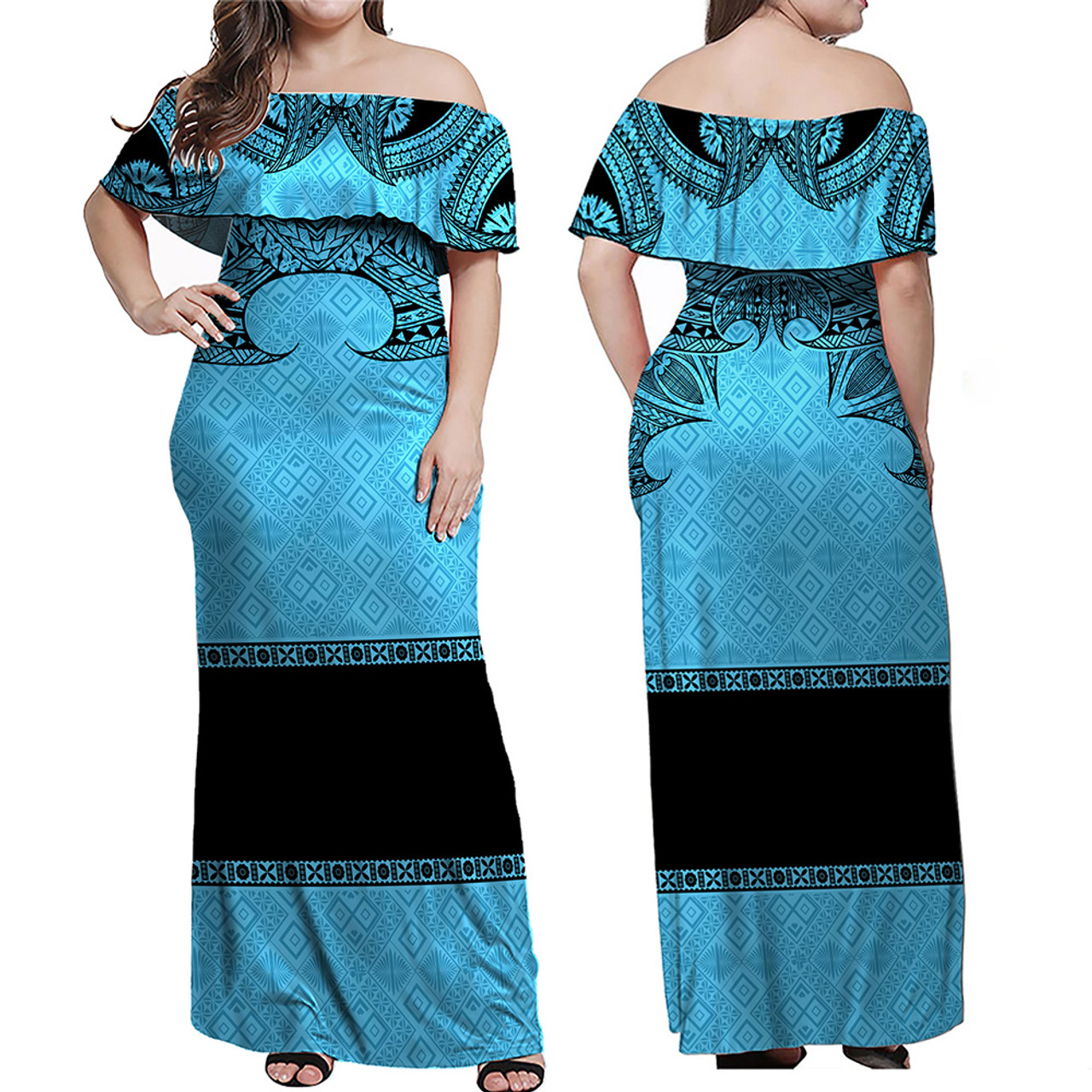 Fiji Combo Off Shoulder Long Dress And Shirt Fijian Masi Pacific Tribal Designs ( Blue Color )
