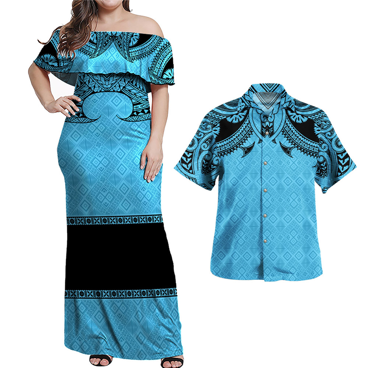 Fiji Combo Off Shoulder Long Dress And Shirt Fijian Masi Pacific Tribal Designs