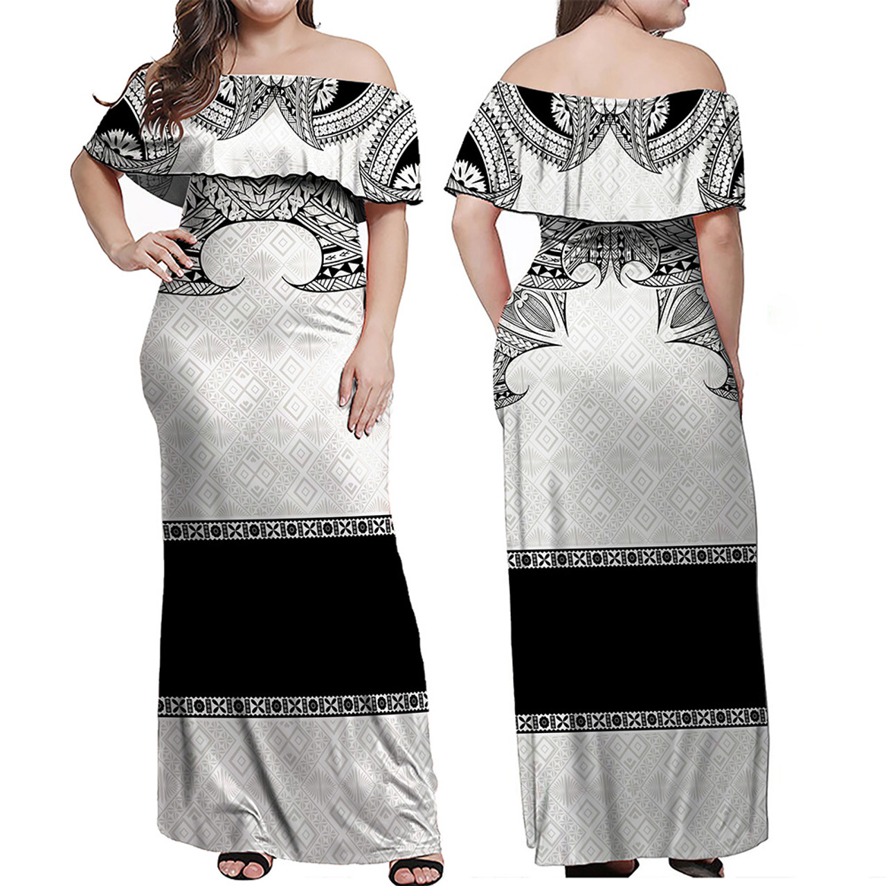 Fiji Woman Off Shoulder Long Dress Fijian Masi Pacific Tribal Designs