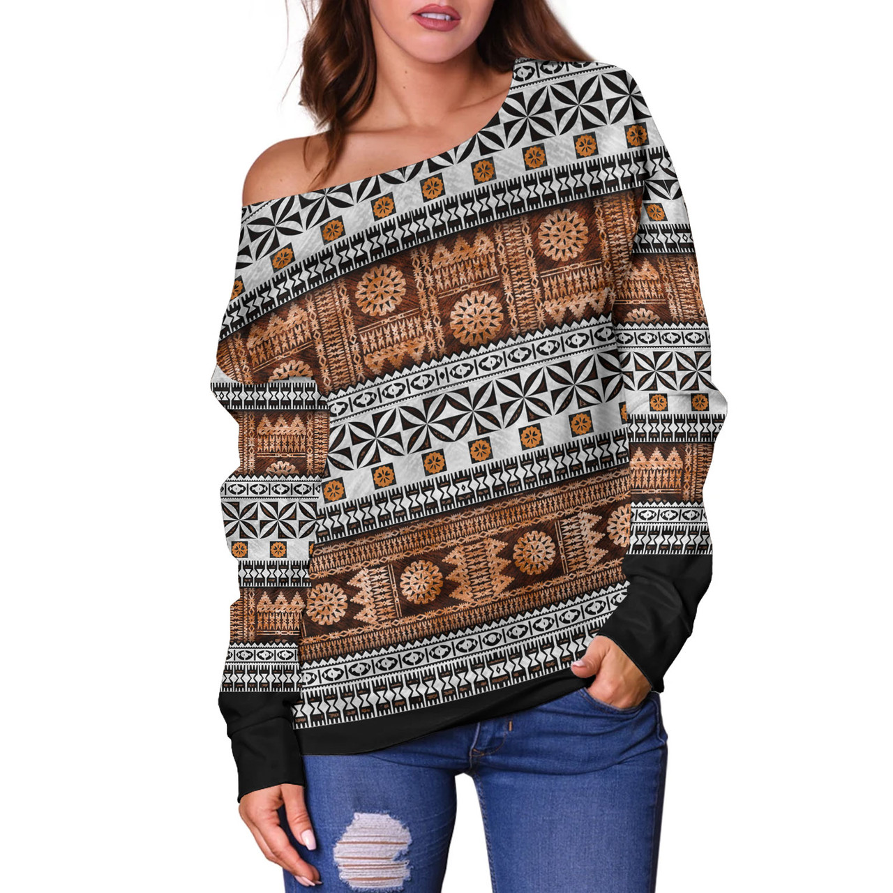 Fiji Off Shoulder Sweatshirt Fijian Tapa Pattens Brown Color Vintage Design