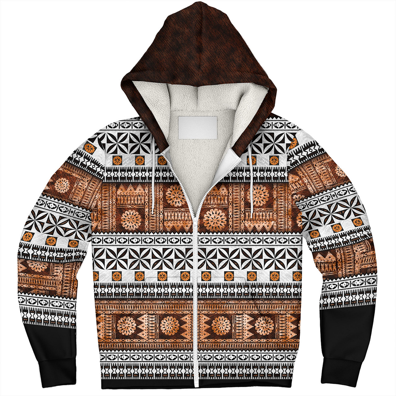 Fiji Sherpa Hoodie Fijian Tapa Pattens Brown Color Vintage Design