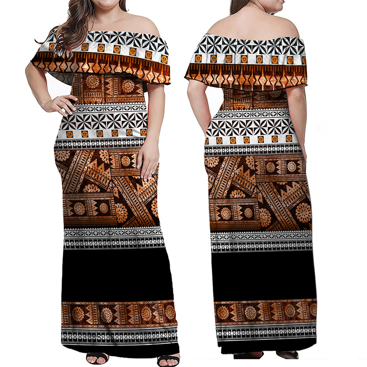 Fiji Combo Off Shoulder Long Dress And Shirt Fijian Tapa Pattens Brown Color Vintage Design