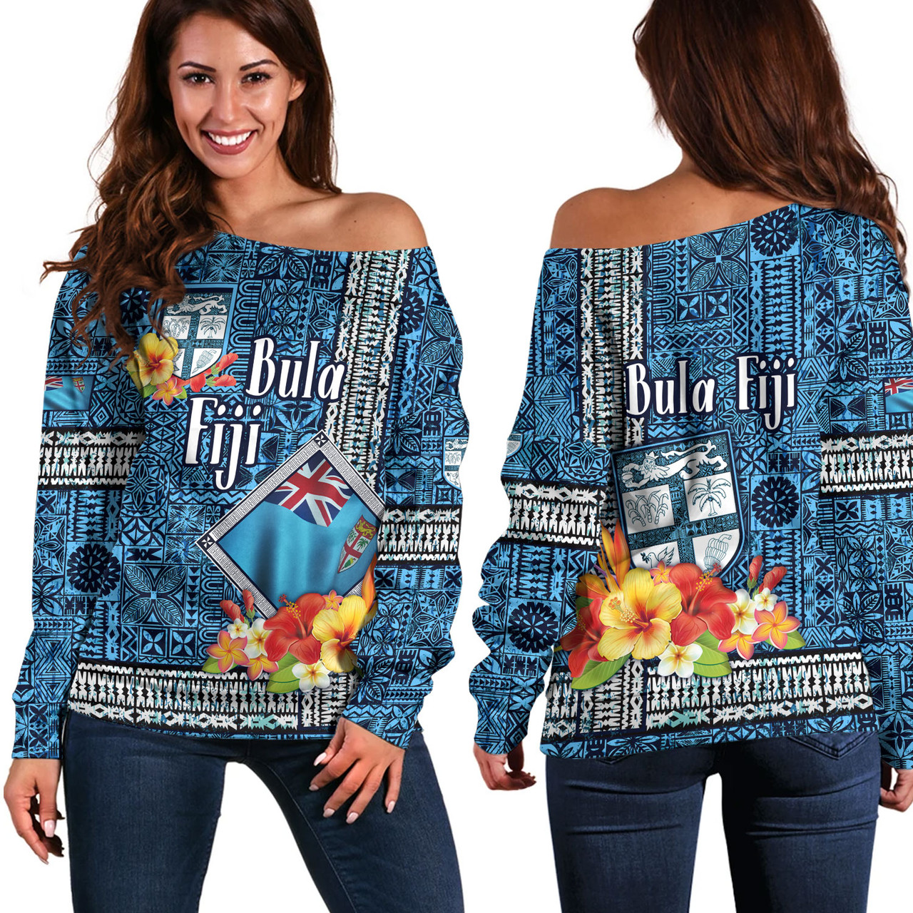 Fiji Off Shoulder Sweatshirt Bula Fiji Masi Tropical Flowers Special Design