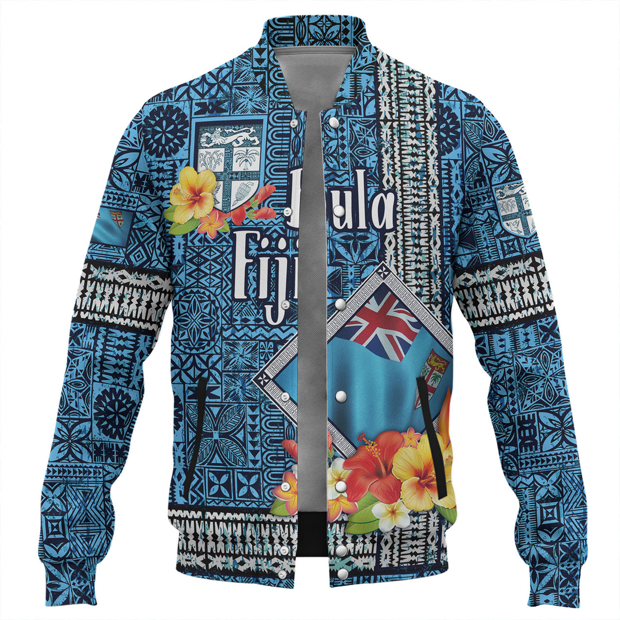 Fiji Baseball Jacket Bula Fiji Masi Tropical Flowers Special Design