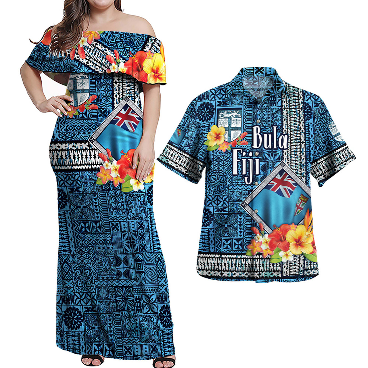 Fiji Combo Off Shoulder Long Dress And Shirt Bula Fiji Masi Tropical Flowers Special Design