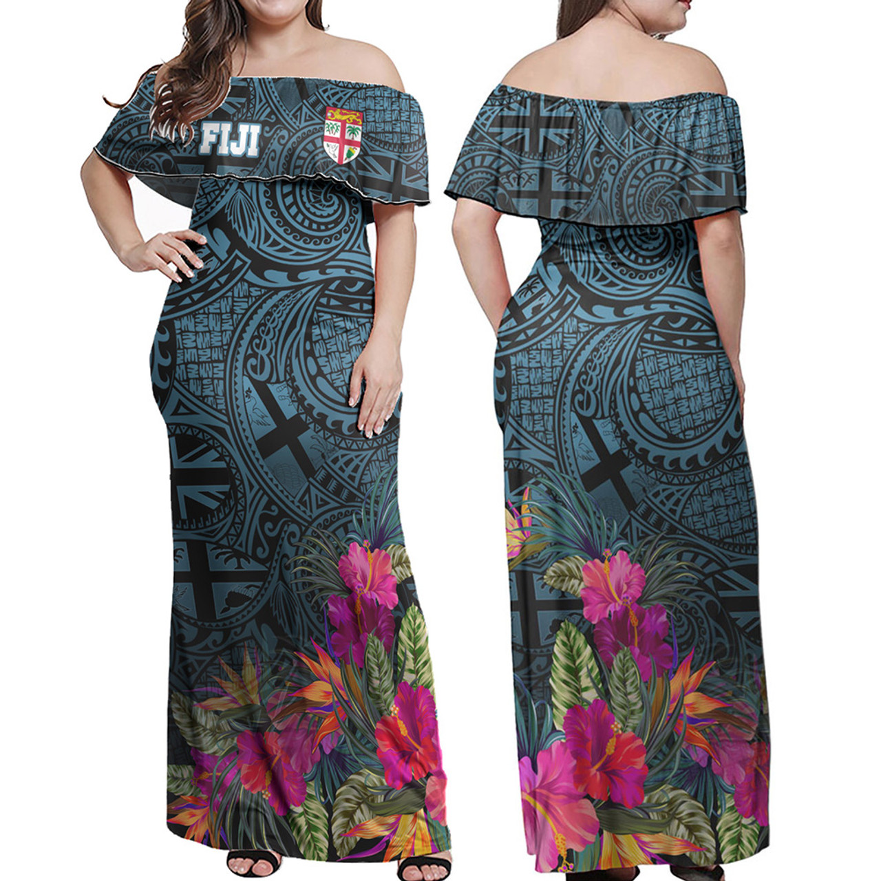 Fiji Combo Off Shoulder Long Dress And Shirt Fiji Seal With Tapa Patterns Tropical Flowers Design