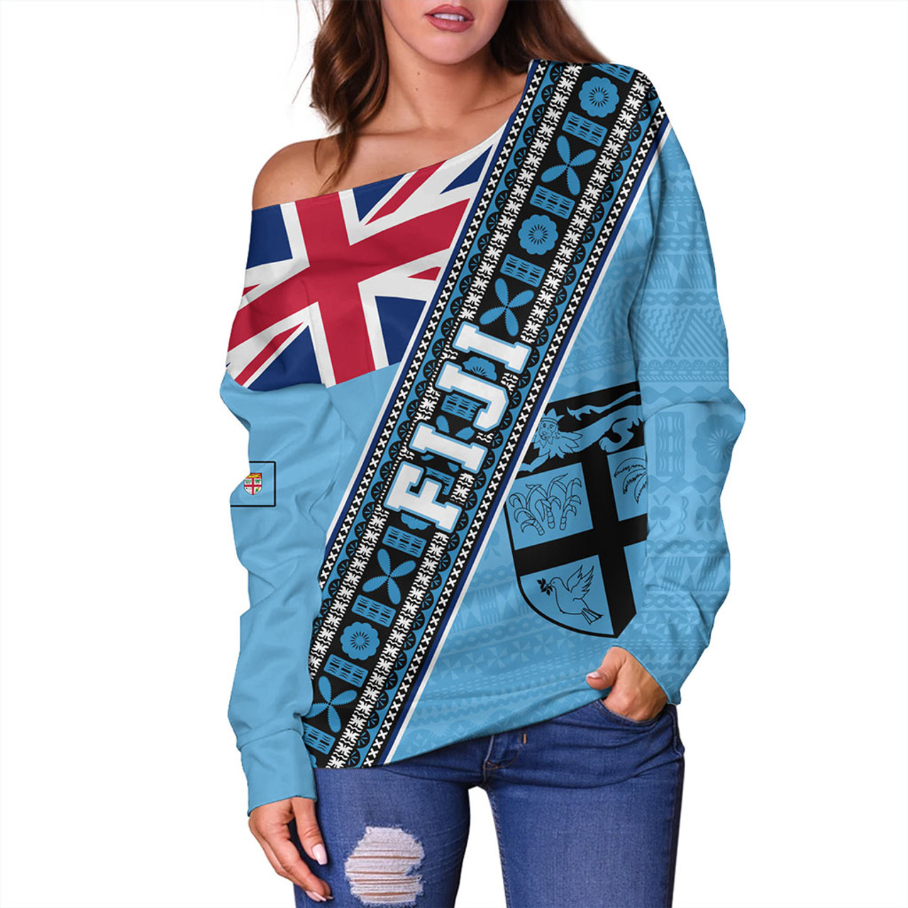 Fiji Off Shoulder Sweatshirt Flag And Coat Of Arms