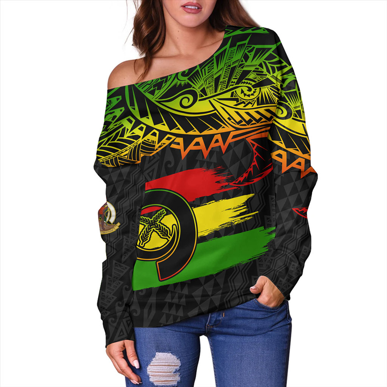 Vanuatu Off Shoulder Sweatshirt Tribal Grunge Flag