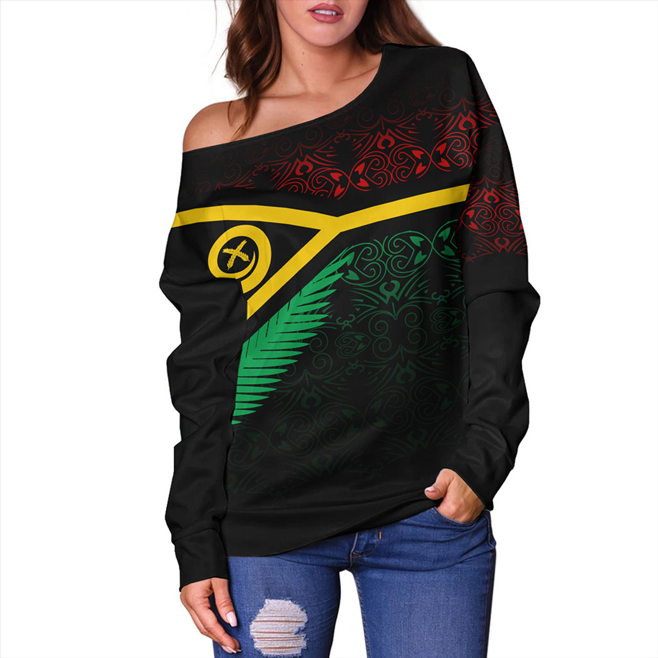 Vanuatu Off Shoulder Sweatshirt Melanesia Tribal Pattern