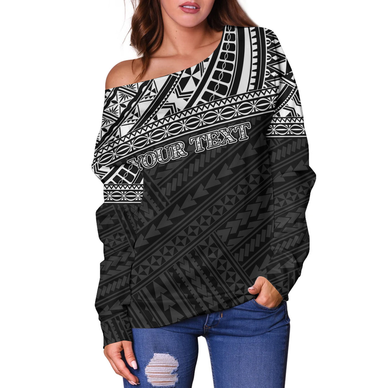 American Samoa Off Shoulder Sweatshirt Custom Polynesian Black Version
