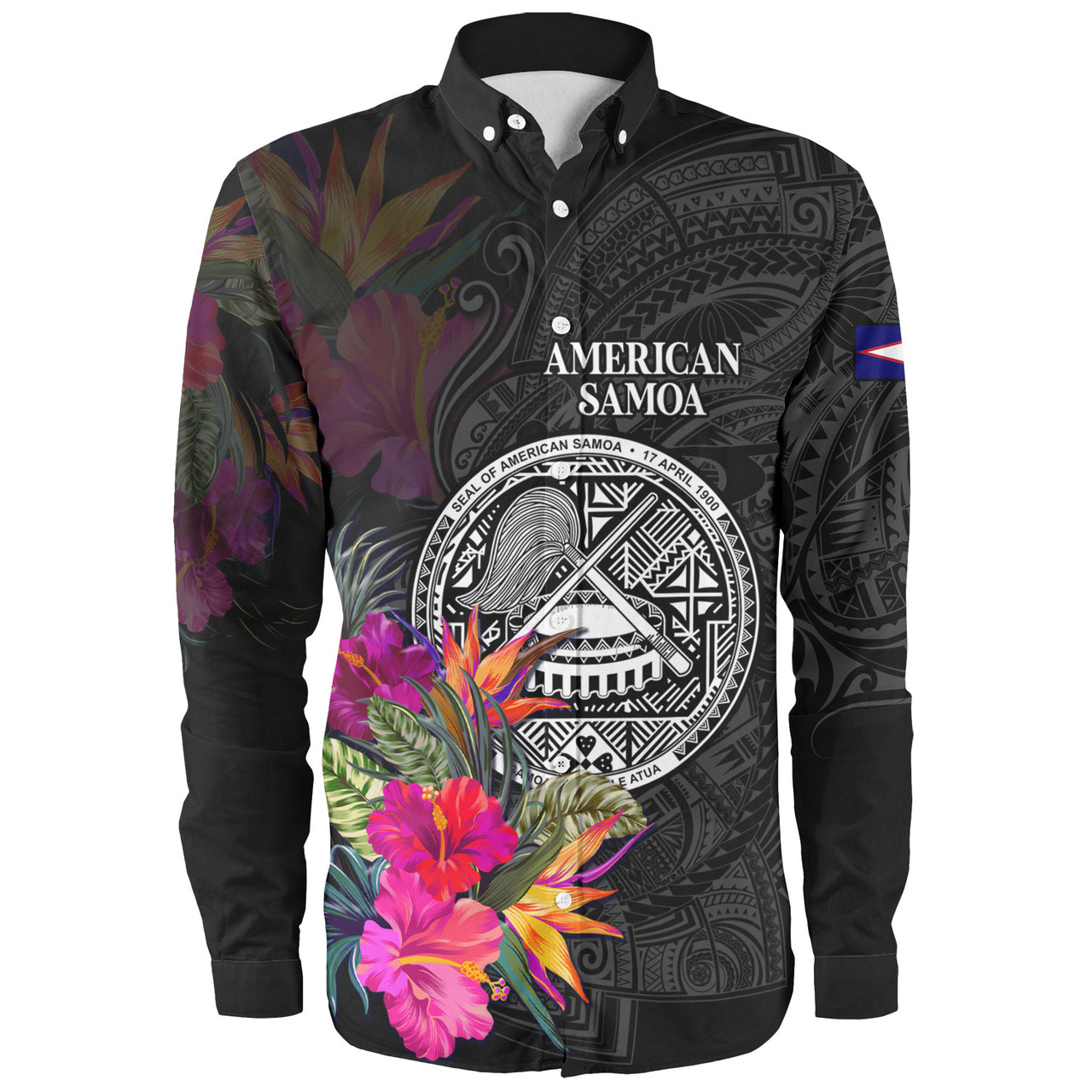 American Samoa Long Sleeve Shirt Custom Polynesian Pattern Tropical Floral Design