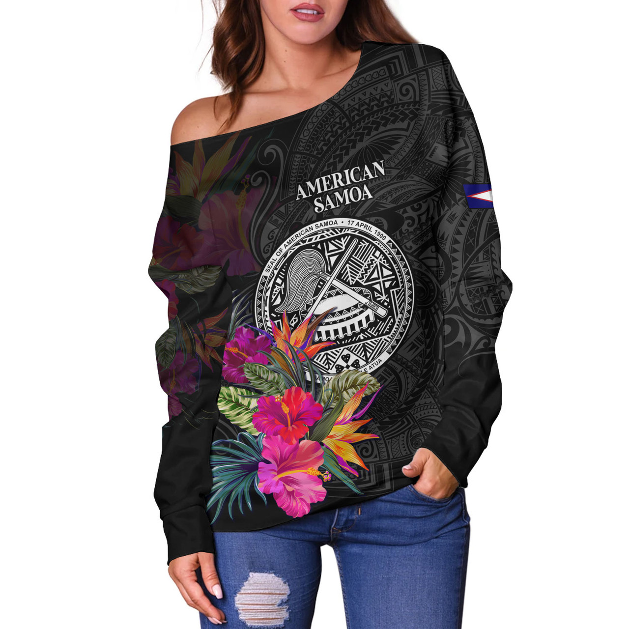 American Samoa Off Shoulder Sweatshirt Custom Polynesian Pattern Tropical Floral Design