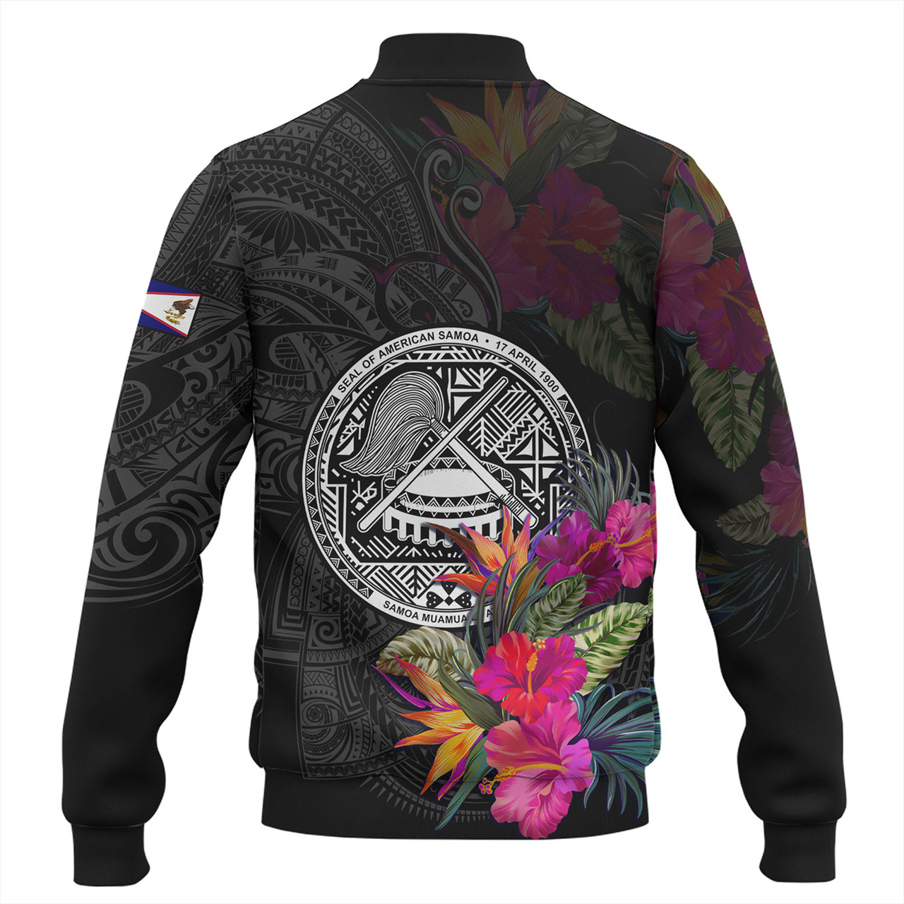 American Samoa Baseball Jacket Custom Polynesian Pattern Tropical Floral Design