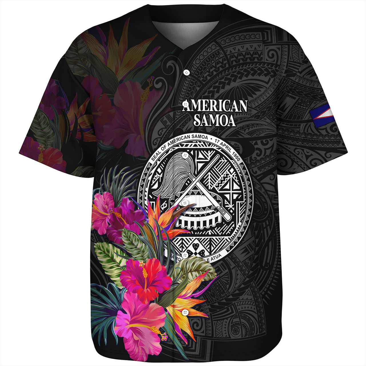 American Samoa Baseball Shirt Custom Polynesian Pattern Tropical Floral Design