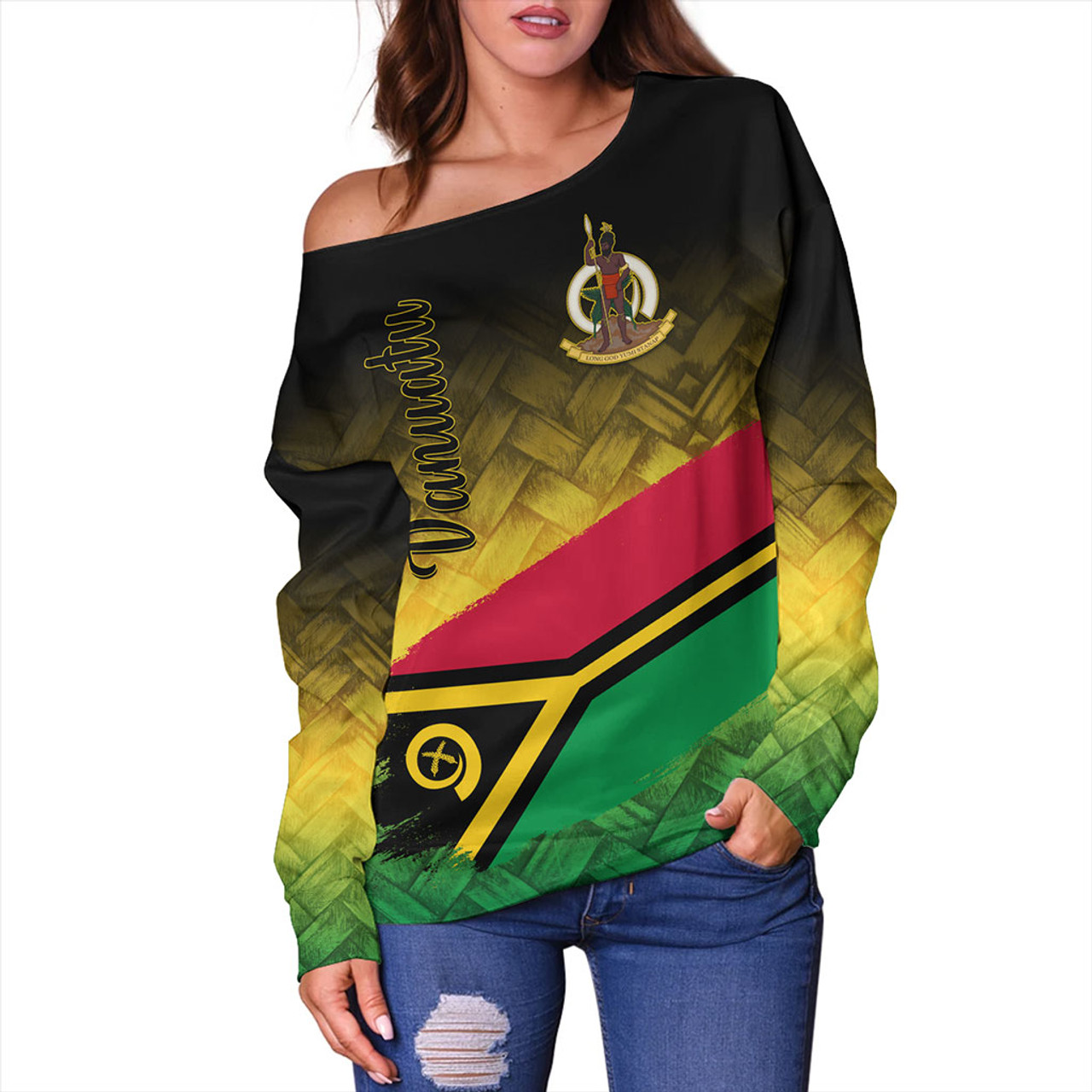 Vanuatu Off Shoulder Sweatshirt Flag Lauhala Style