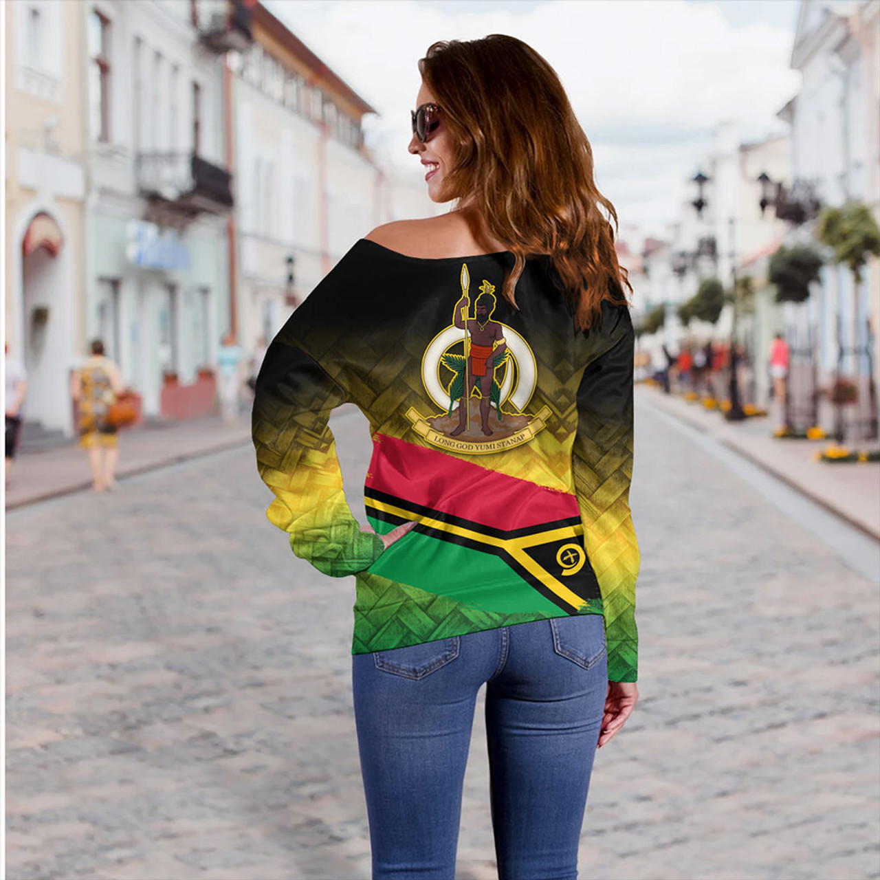 Vanuatu Off Shoulder Sweatshirt Flag Lauhala Style