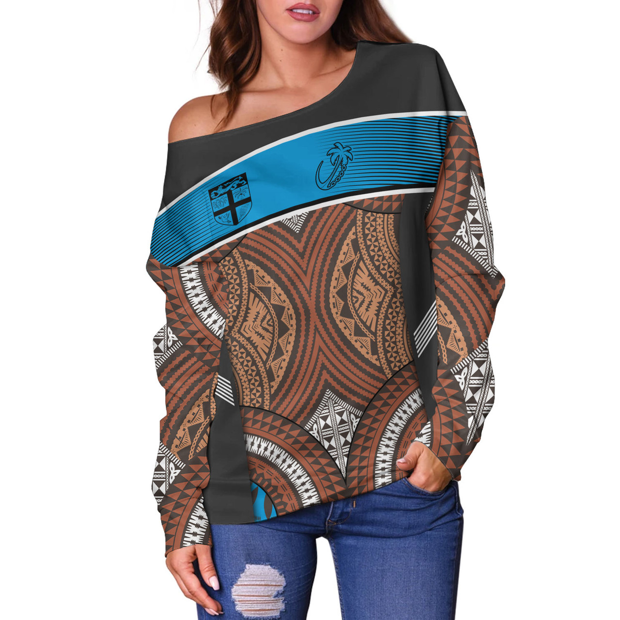 Fiji Off Shoulder Sweatshirt Custom Bula Fiji Rugby Tapa Design