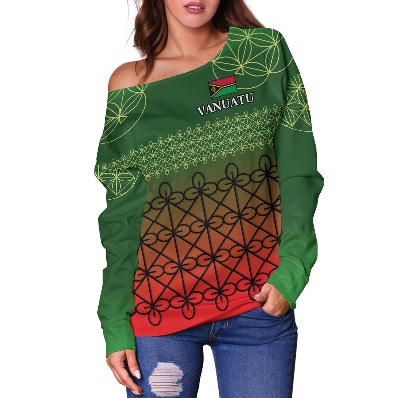 Vanuatu Off Shoulder Sweatshirt Custom Seal Flag Color Mutis En Atan Design