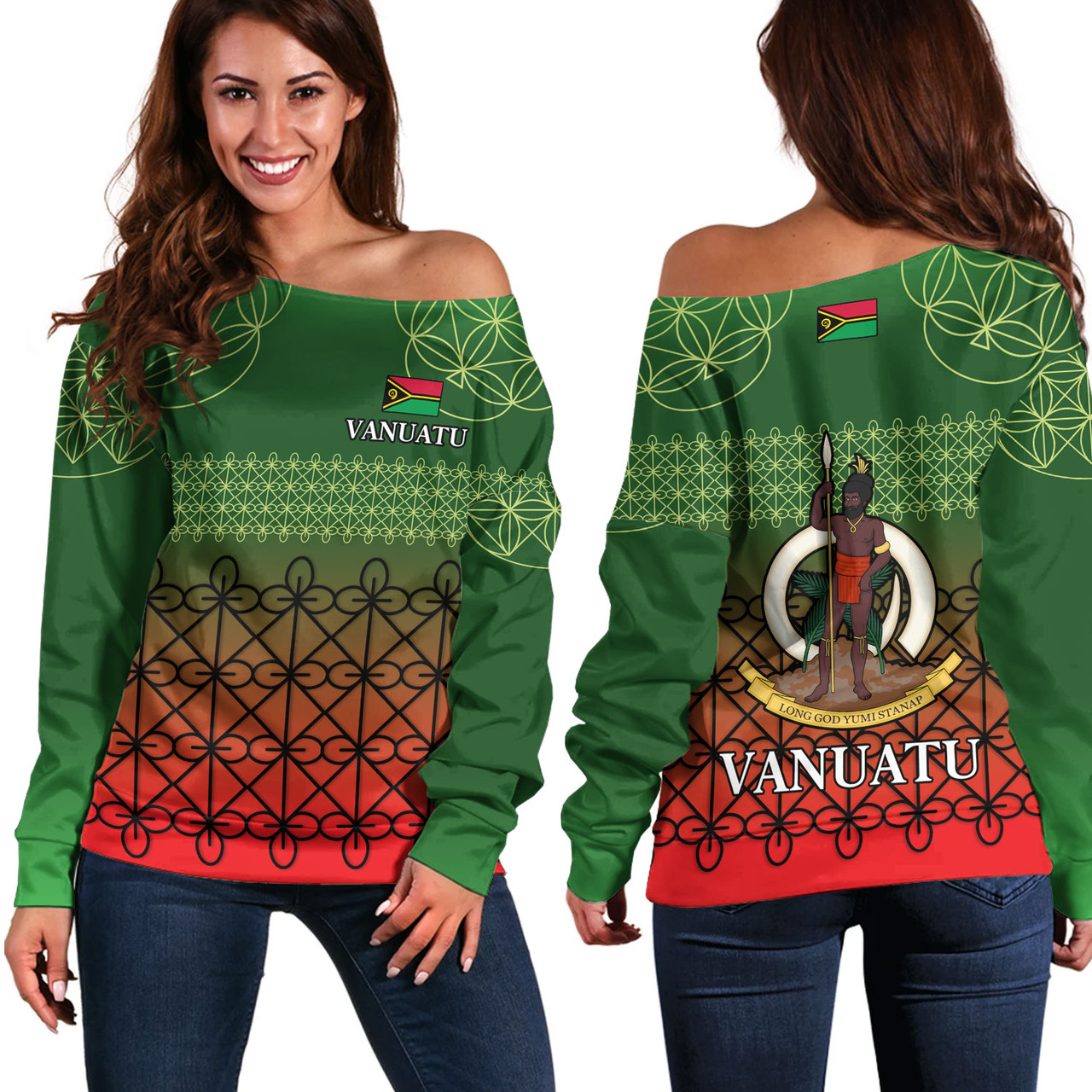 Vanuatu Off Shoulder Sweatshirt Custom Seal Flag Color Mutis En Atan Design