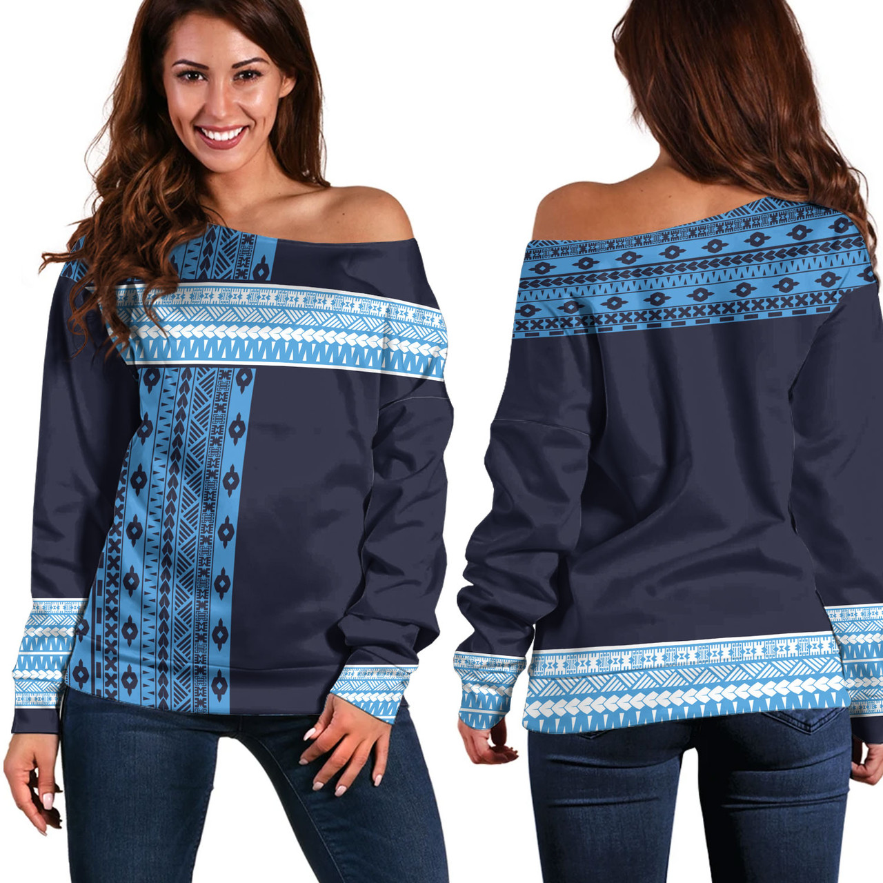 Fiji Off Shoulder Sweatshirt Fijian Makare And Tapa Design
