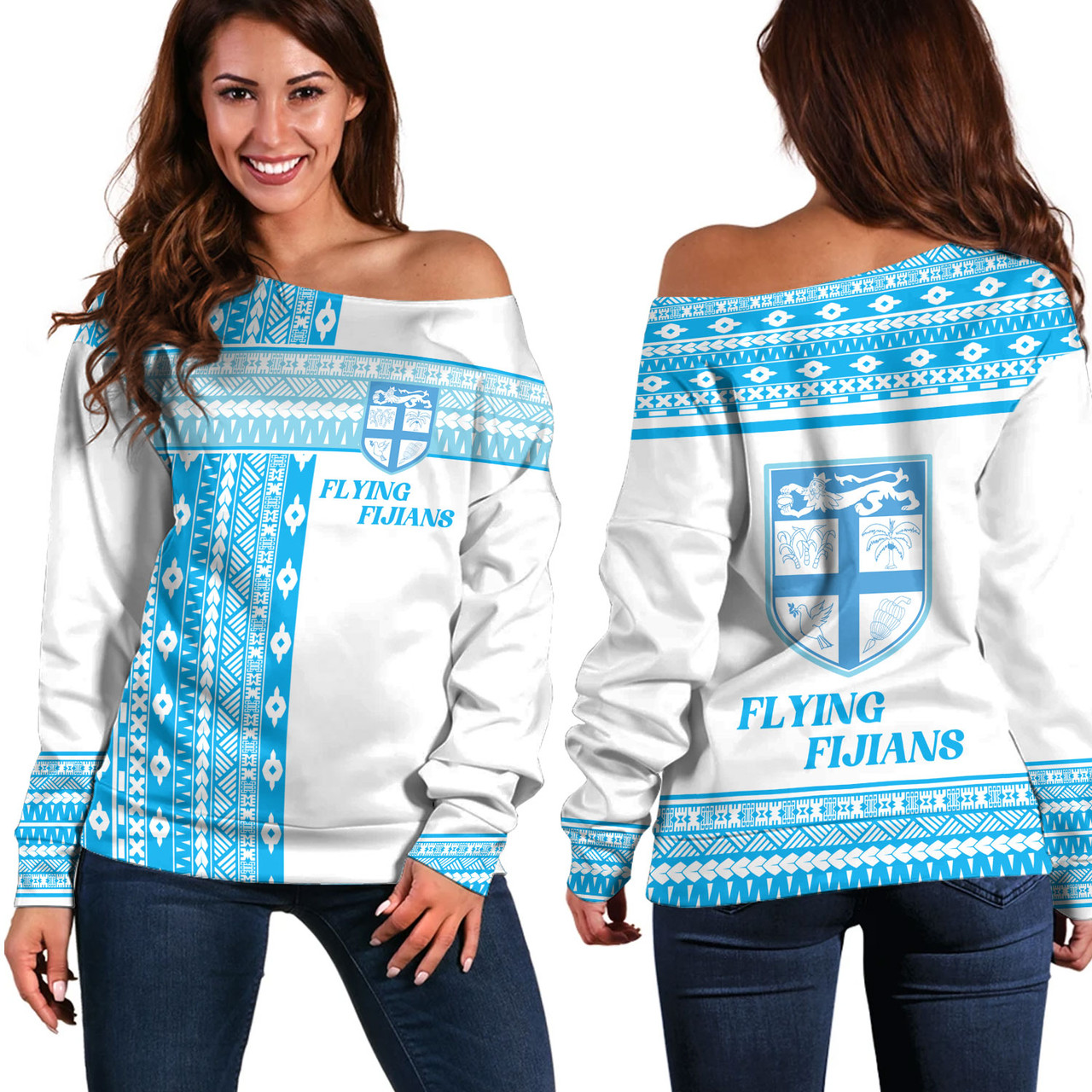 Fiji Off Shoulder Sweatshirt Custom Rugby Flying Fijian Makare And Tapa Design