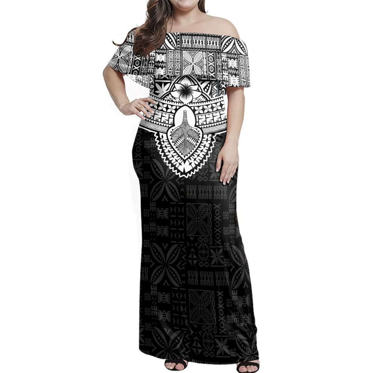 Fiji Woman Off Shoulder Long Dress Tribal Tapa Chest Piece