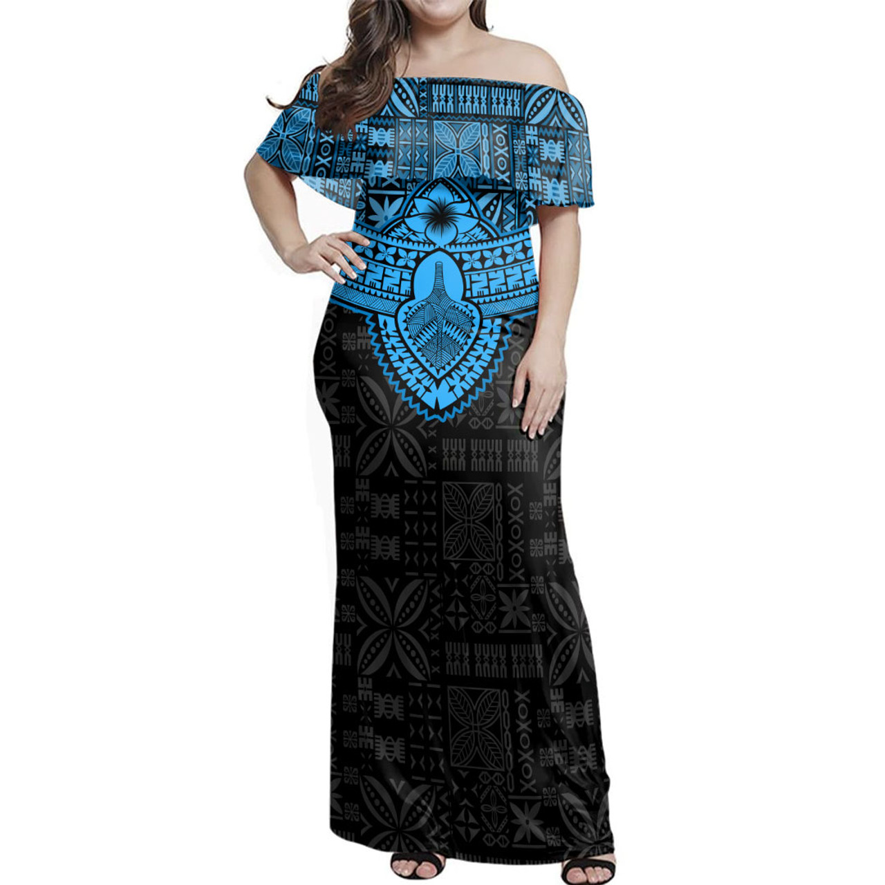 Fiji Woman Off Shoulder Long Dress Tribal Tapa Chest Piece