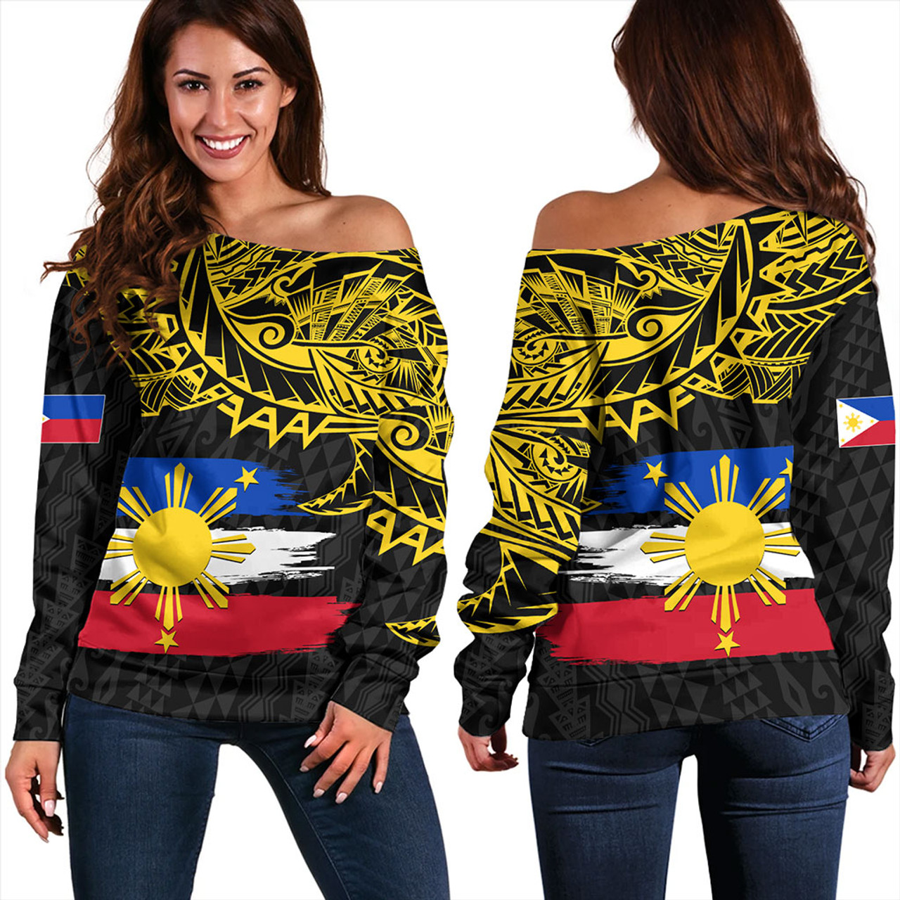Philippines Filipinos Off Shoulder Sweatshirt Tribal Polynesian Grunge Flag
