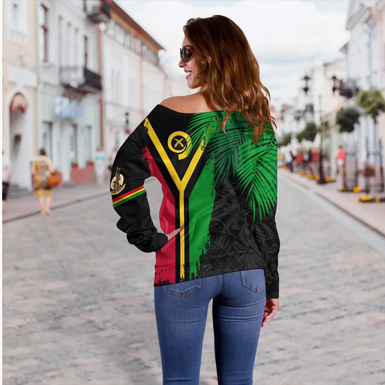 Vanuatu Off Shoulder Sweatshirt Special Fabric Leaves