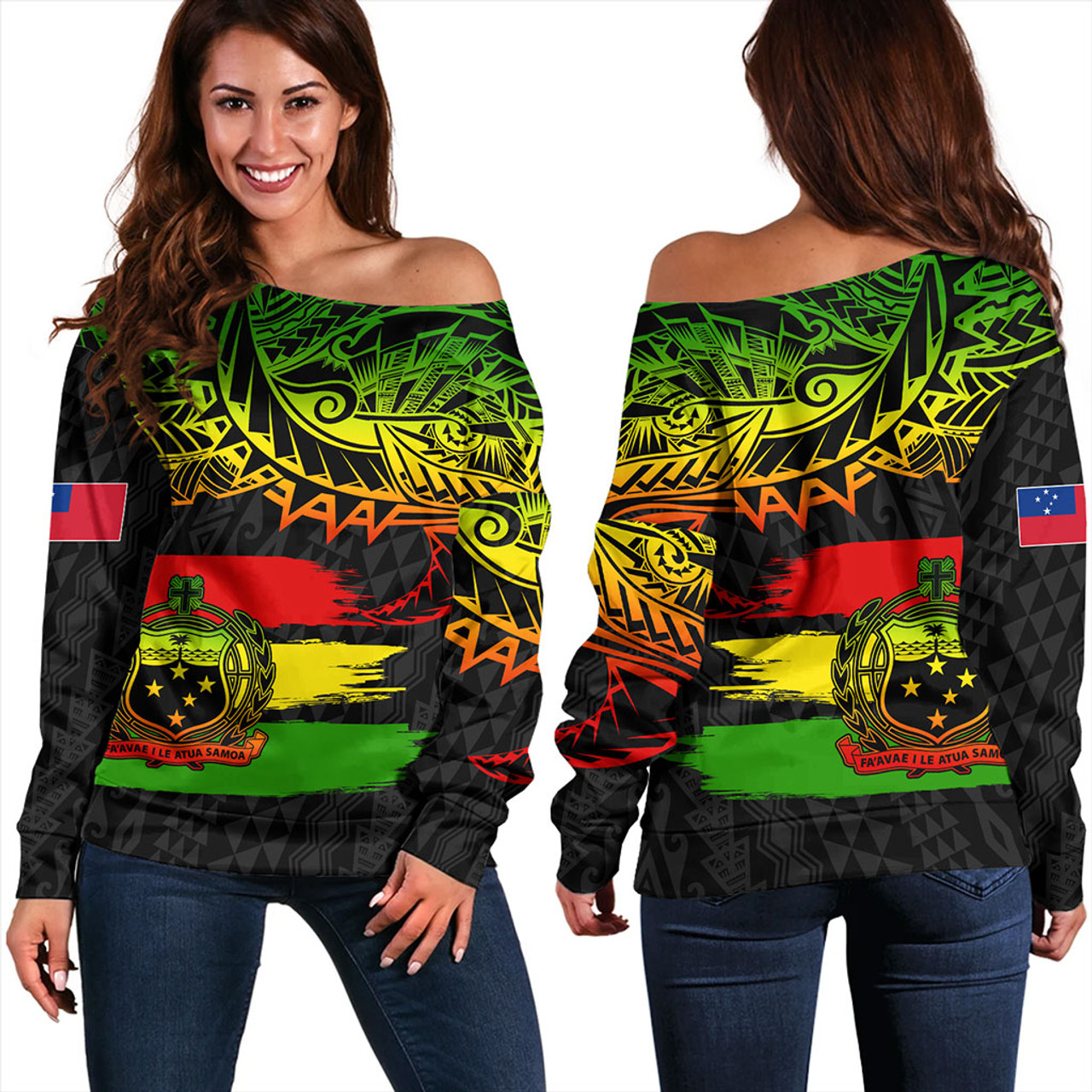 Samoa Off Shoulder Sweatshirt Tribal Polynesian Grunge Reggae