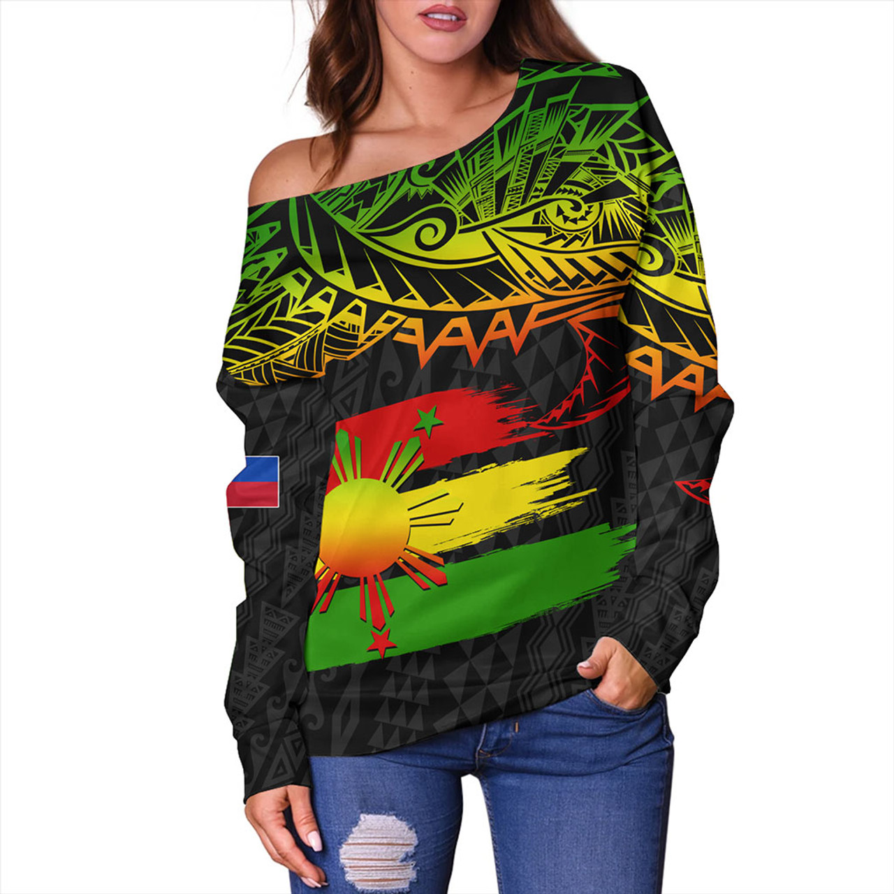 Philippines Filipinos Off Shoulder Sweatshirt Tribal Polynesian Grunge Reggae