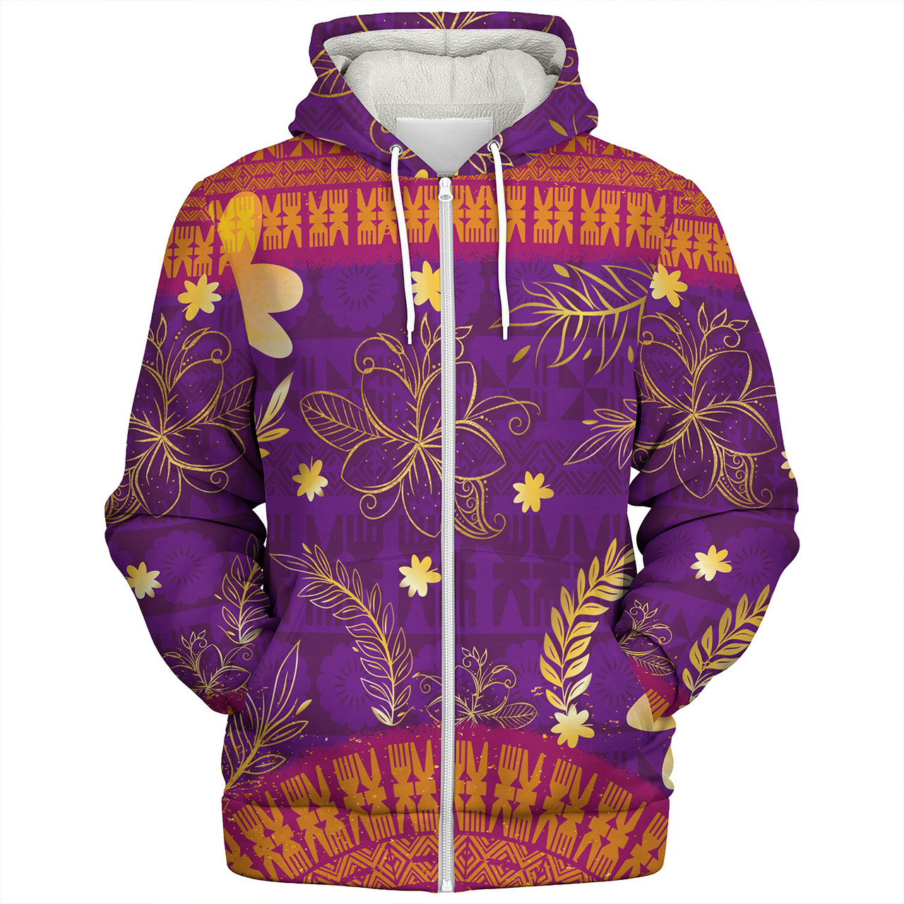 Fiji Sherpa Hoodie Fiji Tapa Tropical Plumeria Flowers Bouquet