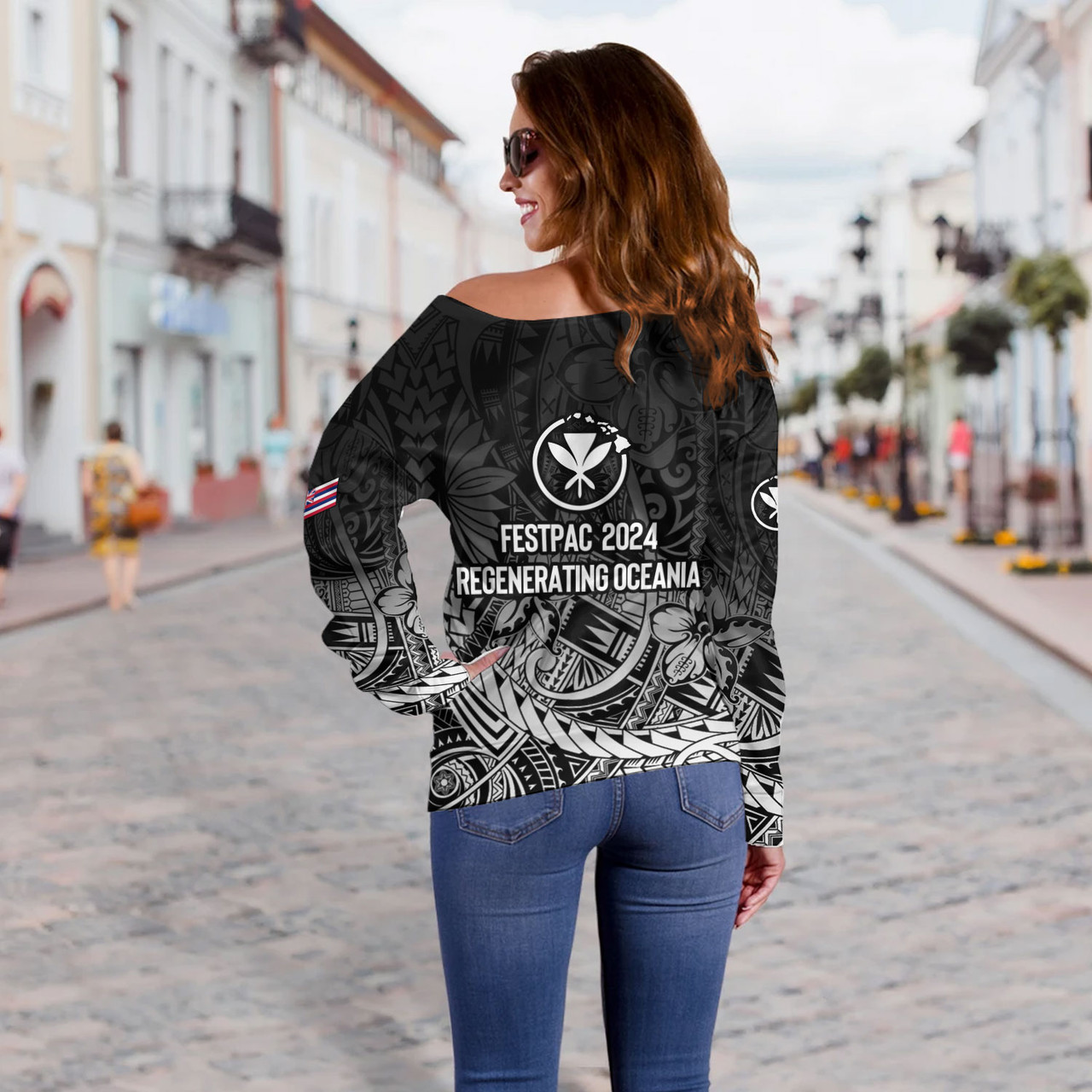 Hawaii Off Shoulder Sweatshirt FestPAC 2024 Polynesian Pattern Design