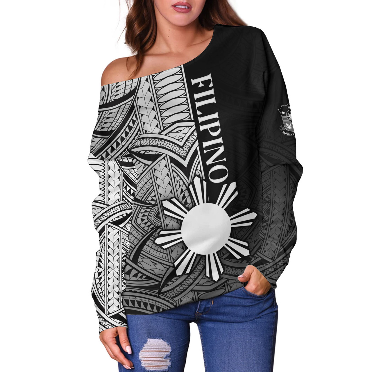 Philippines Filipinos Off Shoulder Sweatshirt Cool Filipino Tribal Tatau Style