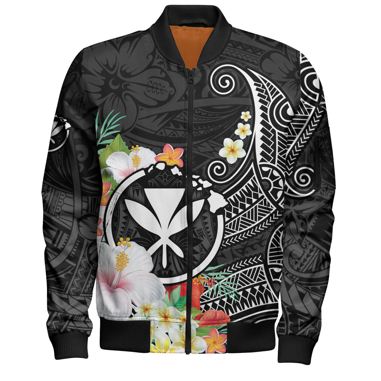 Hawaii Bomber Jacket Custom Polynesian Curve Pattern Design With Tropical Floral Collection