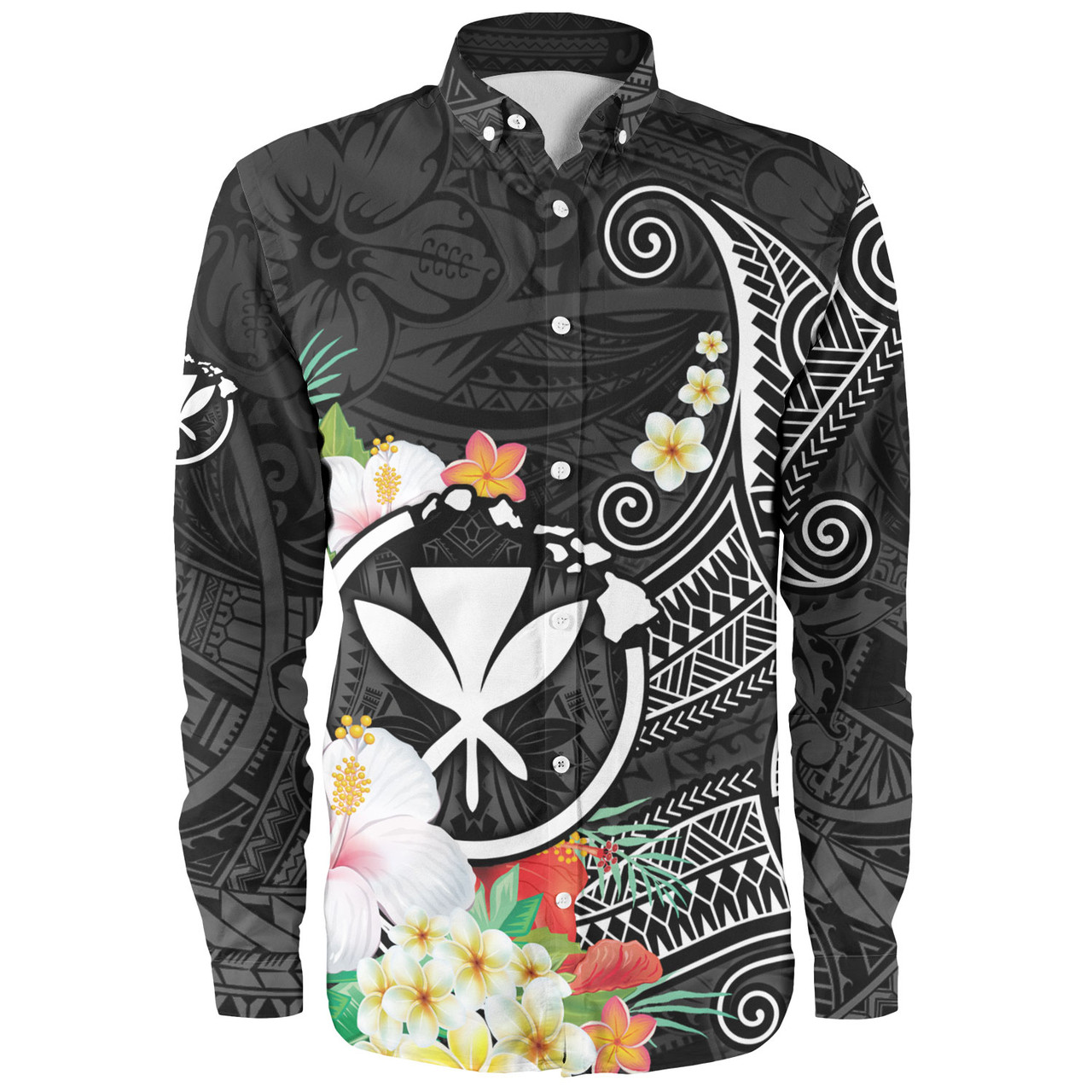 Hawaii Long Sleeve Shirt Custom Polynesian Curve Pattern Design With Tropical Floral Collection