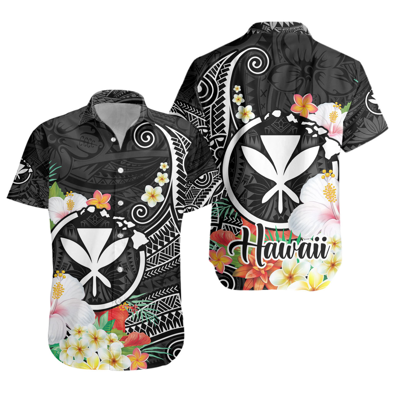 Hawaii Short Sleeve Shirt Custom Polynesian Curve Pattern Design With Tropical Floral Collection