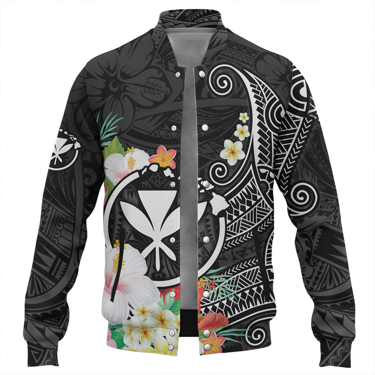 Hawaii Baseball Jacket Custom Polynesian Curve Pattern Design With Tropical Floral Collection