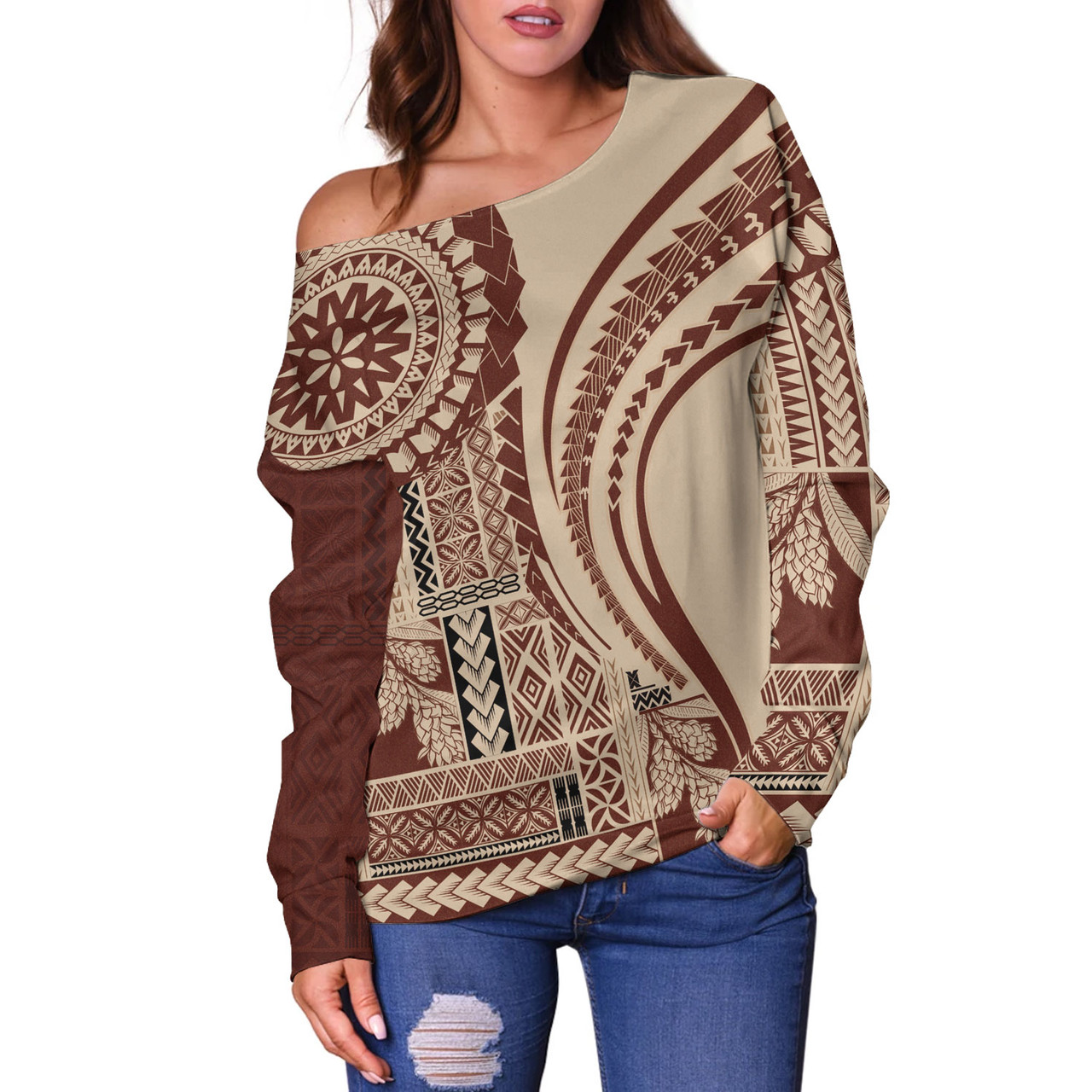 Samoa Off Shoulder Sweatshirt Samoan Siapo Brown Design