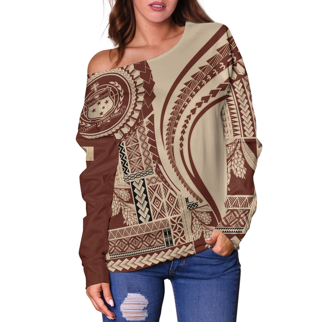 Samoa Off Shoulder Sweatshirt Seal Samoan Siapo Brown Design